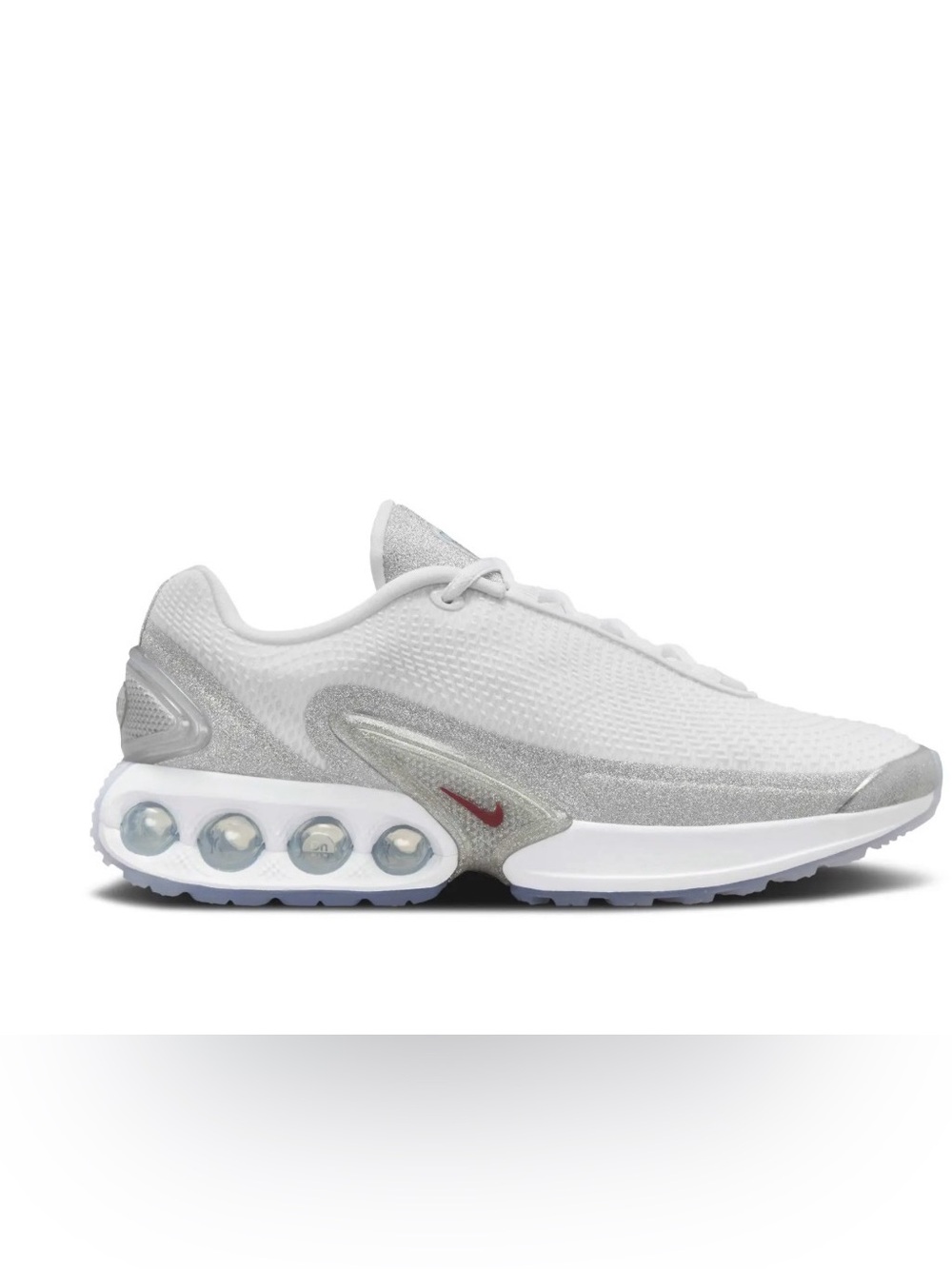 Nike Women’s White and Silver Running Sneakers with Red Swoosh